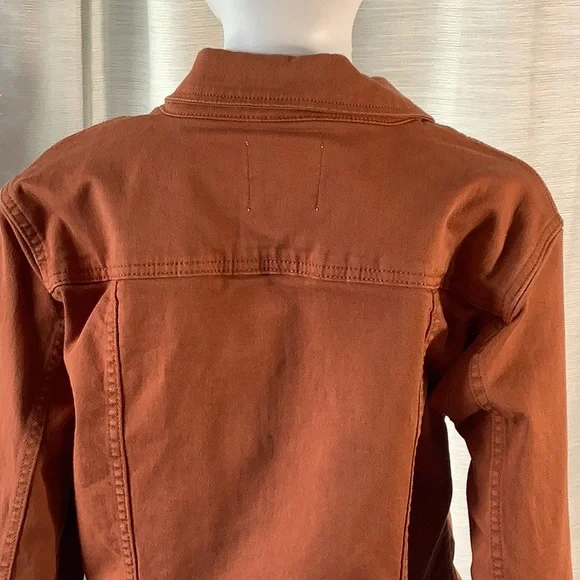 Kensie Vintage Luxe Pumpkin Rust Distressed Stretch Denim Jean Jacket Sz L - Picture 7 of 11